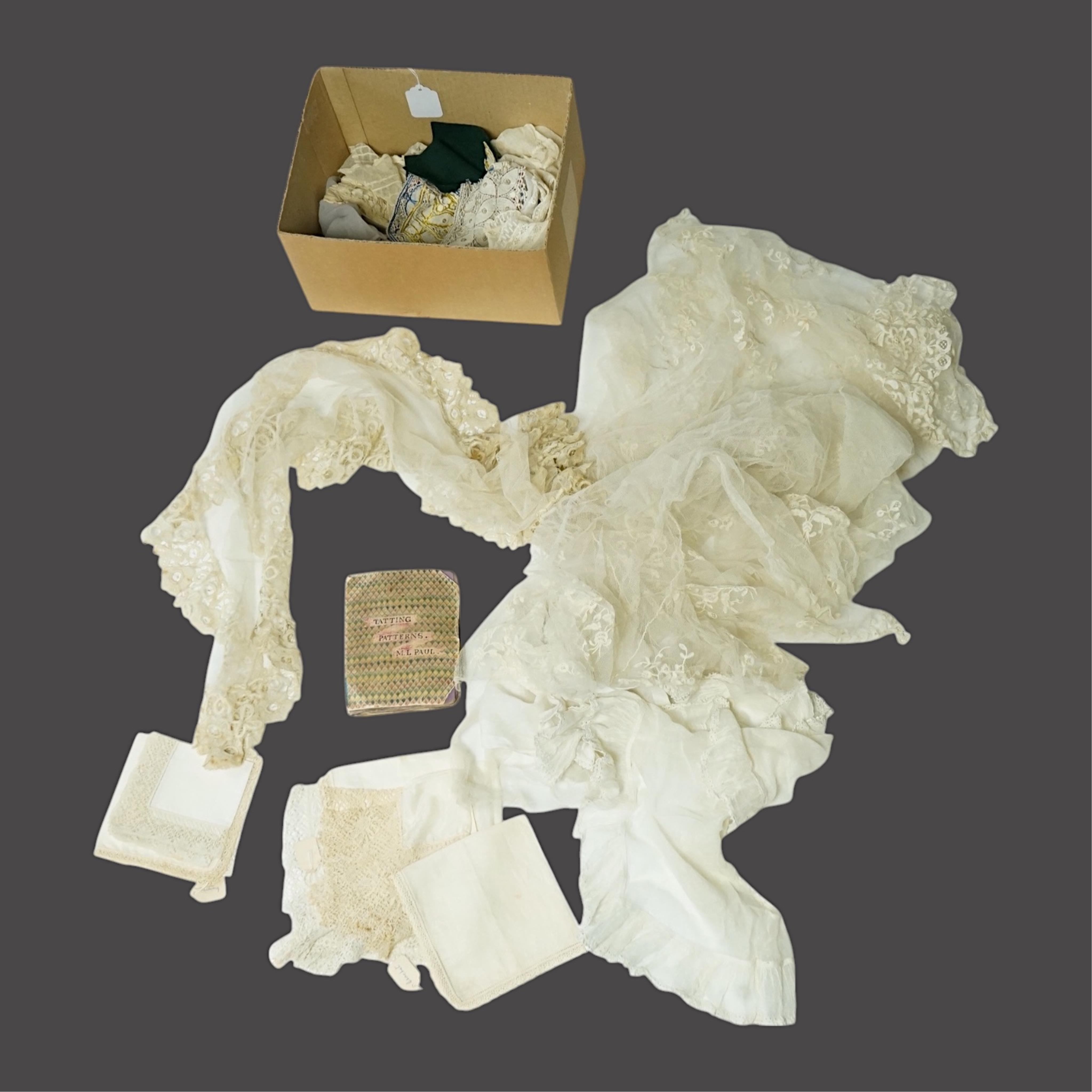 A Honiton lace wedding veil, (that has been cut into pieces), a Honiton edged collar, white worked jabot, various lace hankies etc. condition variable, very useful for theatre and film costume dramas.